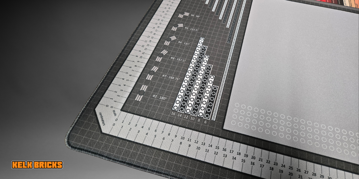 Premium desk mat for LEGO® building, featuring a stud ruler, color chart, and a guide for advanced techniques.
